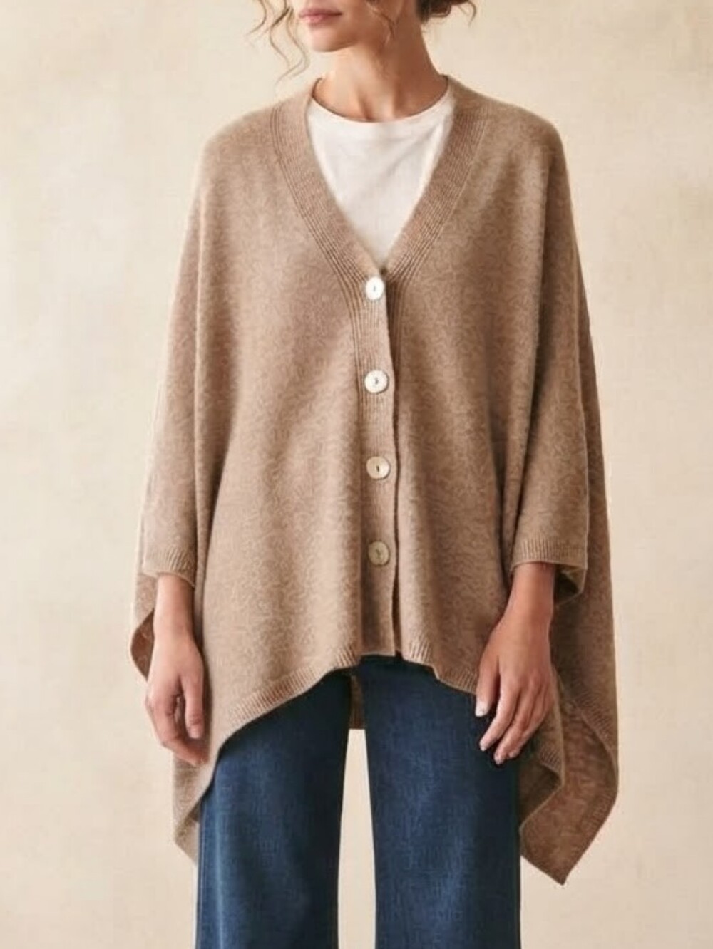 Wool Blend Cardigan Shawl Tan Poncho Cape One Size Layering Lagenlook Neutral